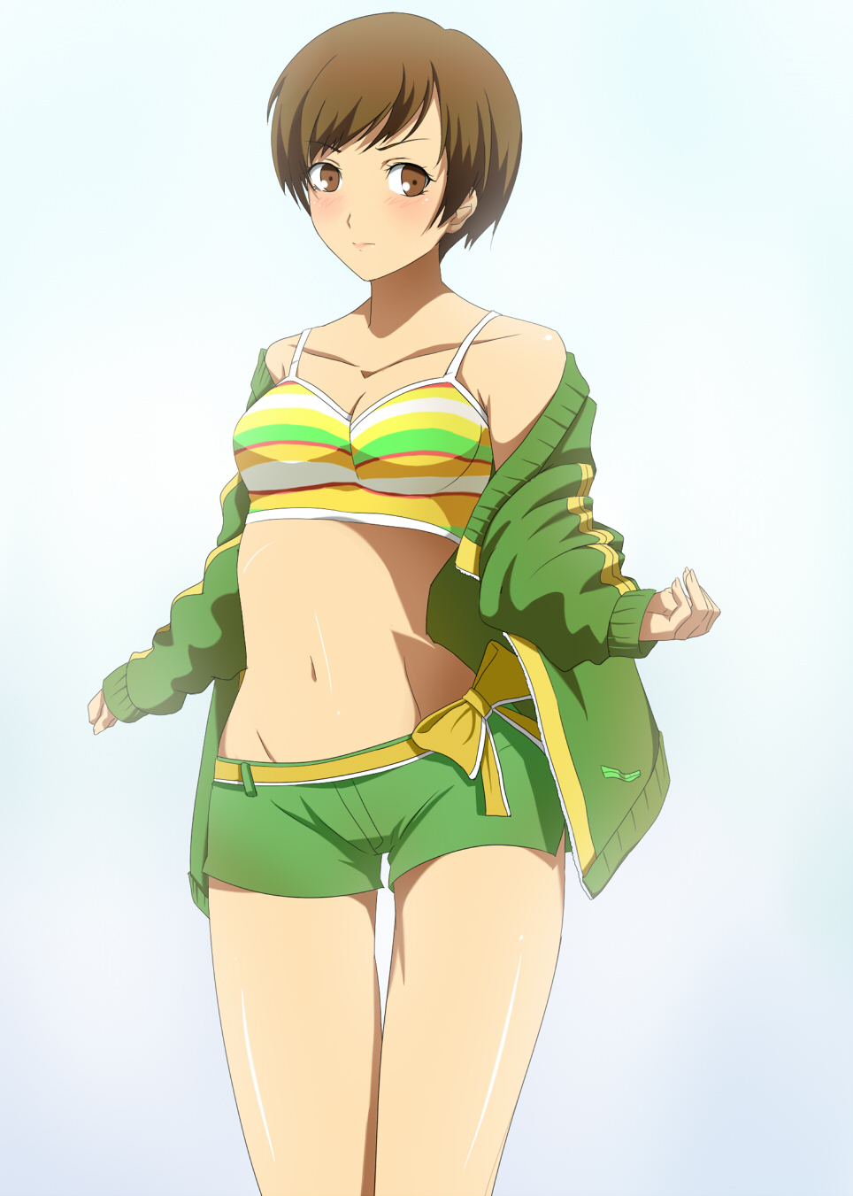 1girl, akou_(phoenix777), atlus, blush, breasts, brown_eyes, brown_hair, cleavage, dolphin_shorts, female_focus, highres, legs, looking_at_viewer, persona, persona_4, satonaka_chie, short_hair, short_shorts, shorts, solo, standing, thighs
