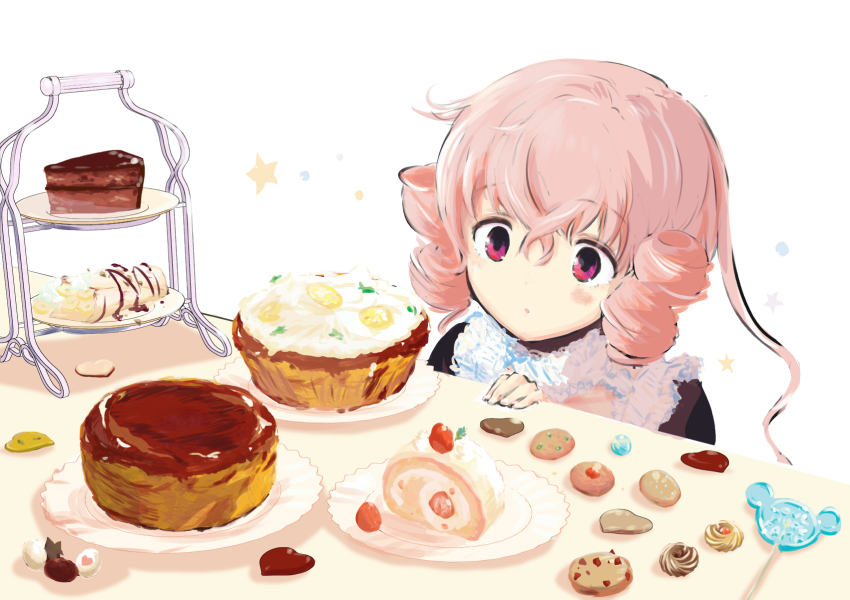 1girl, blush, cake, cake_slice, candy, cherry, chocolate, cookie