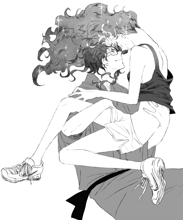 1boy, 1girl, eye_contact, face-to-face, floating, glasses, greyscale, ichiji, japanese_clothes, kimono, looking_at_another, midriff, monochrome, multicolored_hair, outarou_(haiiro), ran_to_haiiro_no_sekai, uruma_ran, yukata