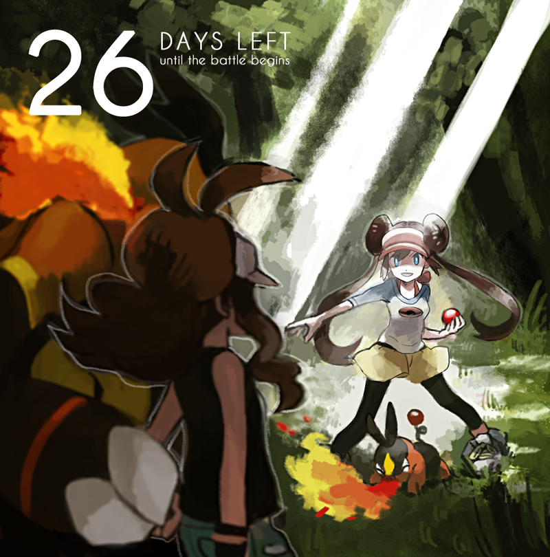 10s, blue_eyes, brown_hair, double_bun, emboar, gen_5_pokemon, grass, hair_bun, hilda_(pokemon), image_sample, nintendo, pixiv_sample, poke_ball, pokemon, pokemon_(creature), pokemon_black_and_white, pokemon_black_2_and_white_2, rosa_(pokemon), sanigo, tepig