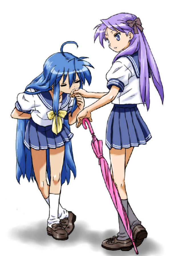 00s, 2girls, ahoge, arm_behind_back, blue_eyes, blue_hair, bowing, closed_eyes