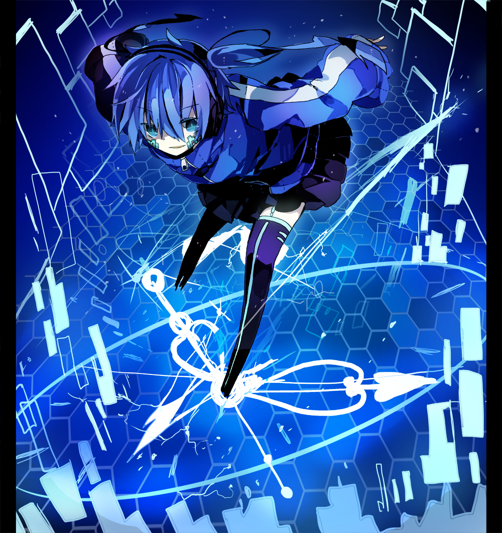 1girl, bad_id, bad_pixiv_id, black_thighhighs, blue_eyes, blue_hair, blue_theme, ene_(kagerou_project), ene_no_dennou_kikou_(vocaloid), female_focus, full_body, headphones, kagerou_project, long_hair, matching_hair/eyes, miniskirt, satsuan0120, skirt, solo, thighhighs, twintails, vocaloid