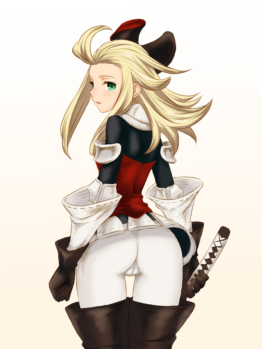 1girl, 5pb., armor, armored_dress, ass, blonde_hair, boots, bow, bravely_default:_flying_fairy, bravely_default_(series), cameltoe, dress, edea_lee, female_focus, gloves, green_eyes, hair_bow, highres, hou_(hachiyou), katana, long_hair, looking_at_viewer, no_panties, pantyhose, simple_background, skin_tight, solo, sword, thigh_boots, thighhighs, weapon, white_background
