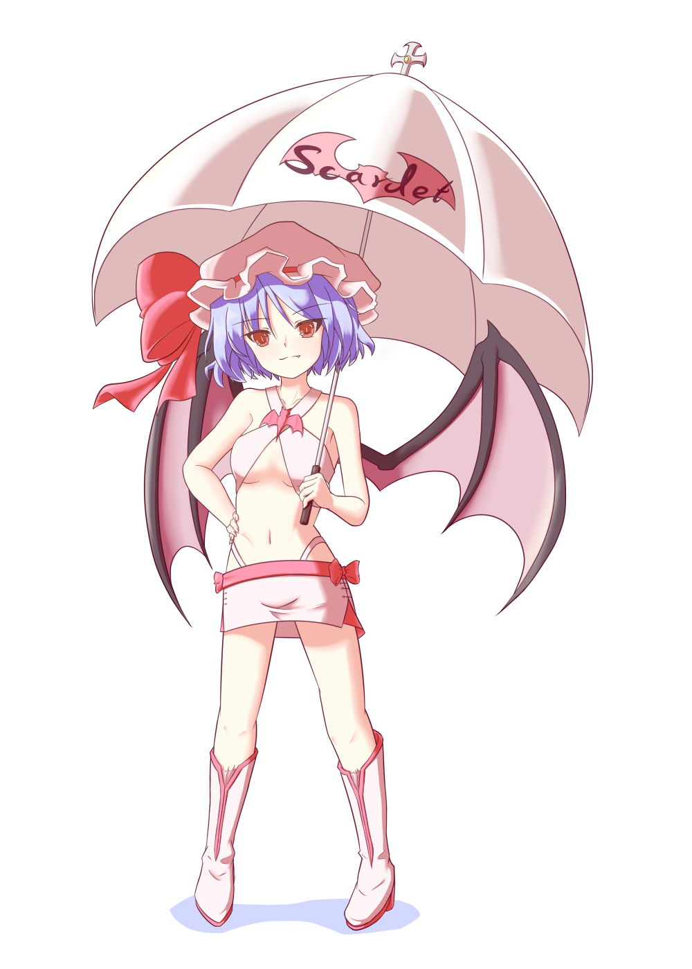 1girl, bat_wings, boots, fang, female_focus, full_body, hand_on_own_hip, hat