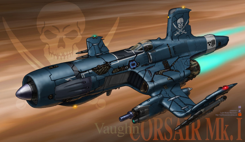 aircraft, airplane, artist_name, cannon, cockpit, crossed_swords, energy_gun, exhaust, f4u_corsair, jet, jolly_roger, light, mecha, military_vehicle, missile, no_humans, original, pilot, pilot_suit, propeller_fighter, realistic, robot, science_fiction, skull, skull_and_crossed_swords, spacecraft, spacesuit, sword, vehicle_focus, watermark, weapon, web_address, zenseava