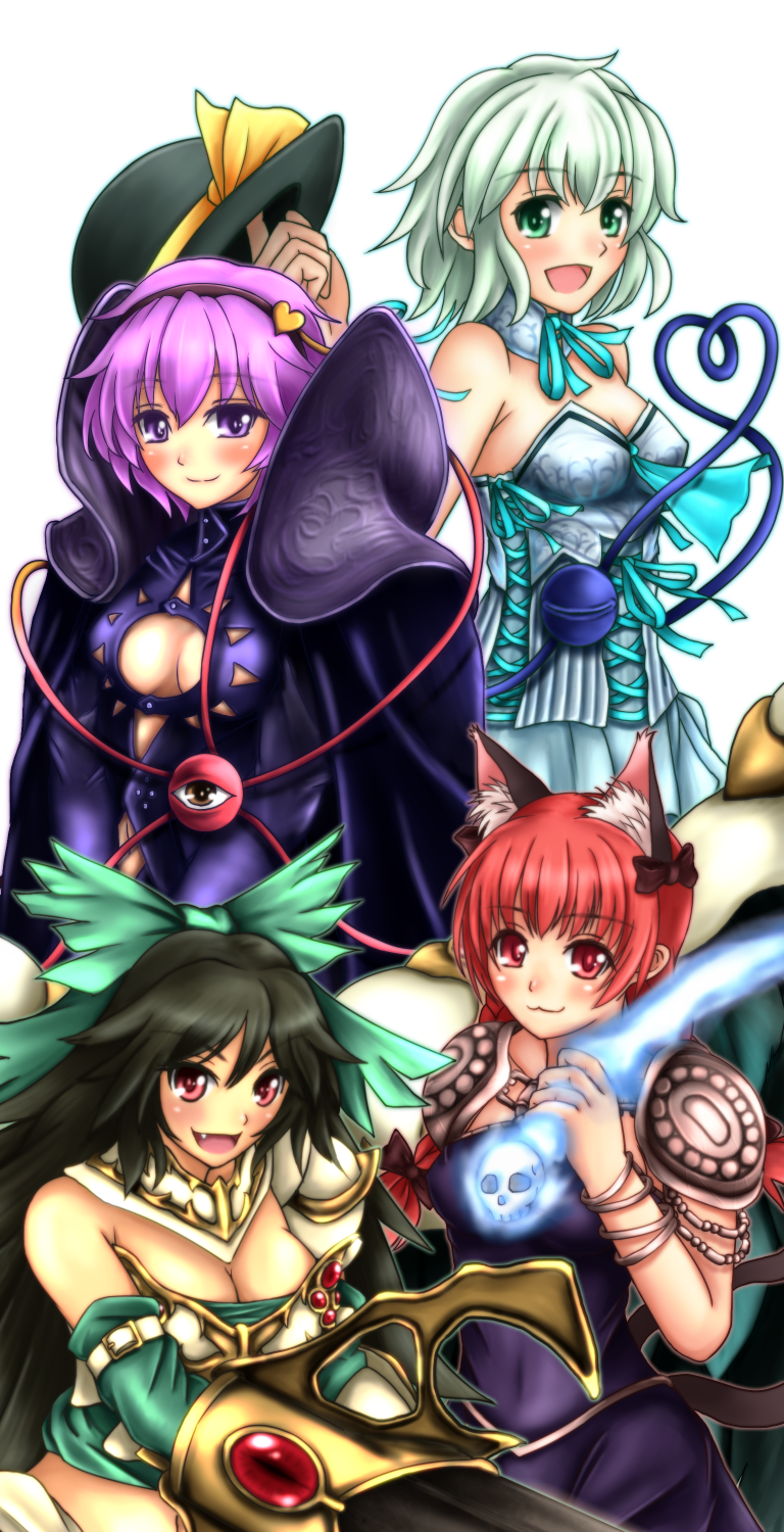 4girls, :3, akroma, akroma_(cosplay), alternate_costume, alternate_weapon, animal_ears, armor