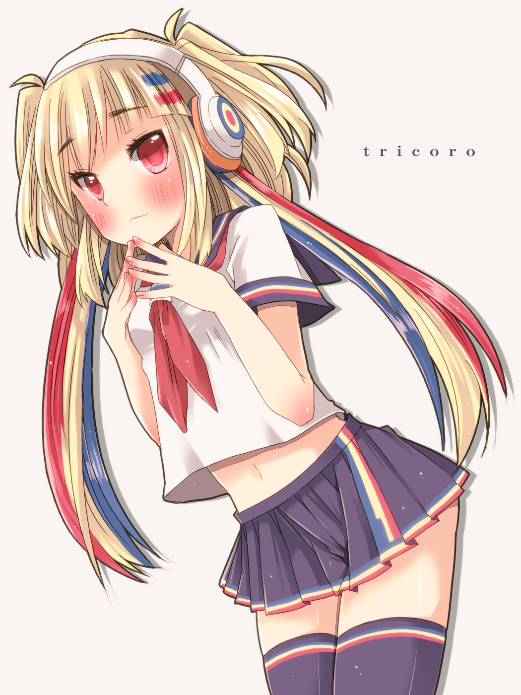 1girl, bad_id, bad_pixiv_id, beatmania_iidx, beatmania_iidx_20_tricoro, bemani, black_thighhighs, blonde_hair, blue_hair, blush, breasts, female_focus, fingers_together, headphones, highres, ichigomilk7, multicolored_hair, red_eyes, red_hair, school_uniform, serafuku, short_hair, simple_background, skirt, small_breasts, solo, thighhighs, white_background, xiatian_(beatmania), zettai_ryouiki