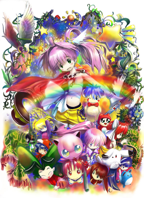 1990s_(style), 6+girls, :d, :p, ;), ^_^, ahoge, animal, animal_ears, arche_klein, band_(music), blue_eyes, blue_hair, blunt_bangs, bow, cape, clenched_hands, closed_eyes, creature, crescent, crossover, fantasy, feathered_wings, full_body, gen_1_pokemon, gen_2_pokemon, green_eyes, grin, hair_ornament, hebereke, idol_janshi_suchie-pai, idol_tenshi_youkoso_youko, jigglypuff, long_hair, looking_at_viewer, marill, midriff, multiple_crossover, multiple_girls, navel, nintendo, o-chan, one_eye_closed, open_mouth, pig, pink_eyes, pink_hair, plant, pointy_ears, pokemon, pokemon_(creature), ponytail, profile, rabbit_ears, red_hair, retro_artstyle, shiina_(vampire_princess_miyu), shorts, smile, sparkling_eyes, star_(symbol), suchie-pai, suchie_pie, sun, tales_of_(series), tales_of_phantasia, tanaka_youko, teeth, tongue, tongue_out, tsukushi_akihito, vampire_princess_miyu, voice_actor_connection, whiskers, wince, wind_chime, wings, yadamon, yadamon_(character)