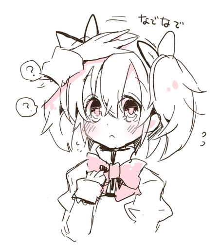 10s, 1girl, ?, bad_id, bad_pixiv_id, blush, headpat, kaname_madoka