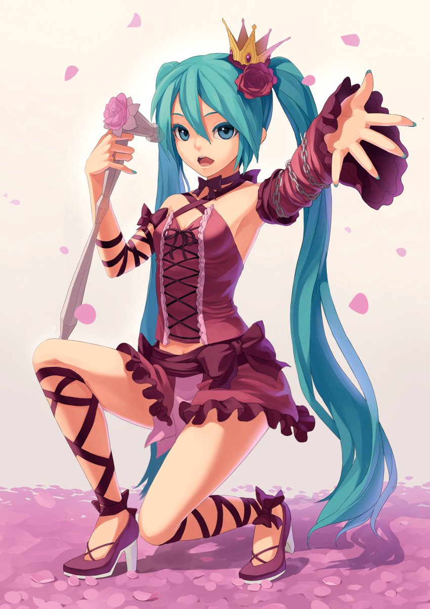 1girl, crown, female_focus, fkey, flower, hair_flower, hair_ornament, hatsune_miku, hatsune_miku_(vintage_dress), high_heels, highres, long_hair, microphone, nail_polish, outstretched_arms, petals, project_diva_(series), project_diva_2nd, ribbon, romeo_to_cinderella_(vocaloid), rose, shoes, solo, vocaloid