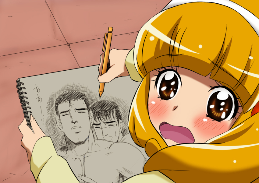 10s, 1girl, abe_takakazu, blonde_hair, blush, caught, crossover, embarrassed, female_focus, female_pervert, fujoshi, hairband, k2_(hibiki09), kise_yayoi, kuso_miso_technique, mechanical_pencil, meme, michishita_masaki, open_mouth, pencil, pervert, pornography, precure, short_hair, sketchbook, smile_precure!, solo, surprised, white_hairband, yaoi_(object), yaranaika, yellow_eyes