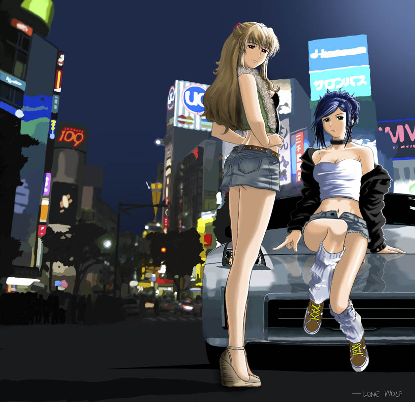 00s, 109_(department_store), 2girls, bare_legs, bare_shoulders, black_jacket, black_neckwear, black_tube_top, blue_hair, brown_footwear, car, choker, denim, denim_skirt, fujino_shizuru, fur-trimmed_jacket, fur_trim, green_eyes, green_jacket, hair_ornament, hairclip, imageboard_desourced, index_finger_raised, jacket, kuga_natsuki, leg_warmers, legs, light_brown_hair, lone_wolf, long_hair, looking_at_viewer, midriff, miniskirt, motor_vehicle, multiple_girls, my-hime, my-otome, natsuki_kruger, nissan, nissan_350z, nissan_fairlady, nissan_fairlady_z, non-web_source, on_car, open_clothes, open_jacket, pencil_skirt, photoshop_(medium), platform_footwear, red_eyes, shibuya_(tokyo), shibuya_109, shirt, shizuru_viola, shoes, signature, sitting, skirt, sneakers, strapless, tokyo_(city), tube_top, white_legwear, white_shirt, white_tube_top