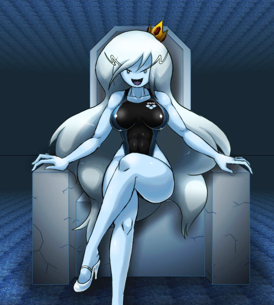 adventure_time, arena_(company), blue_skin, breasts, cartoon_network, colored_skin, competition_swimsuit, crossed_legs, crown, deadmoon_(kein2002), fangs, high_heels, highleg, highleg_one-piece_swimsuit, huge_breasts, ice_queen_(adventure_time), legs, long_hair, long_legs, one-piece_swimsuit, shoes, swimsuit, thighs, white_footwear, white_hair