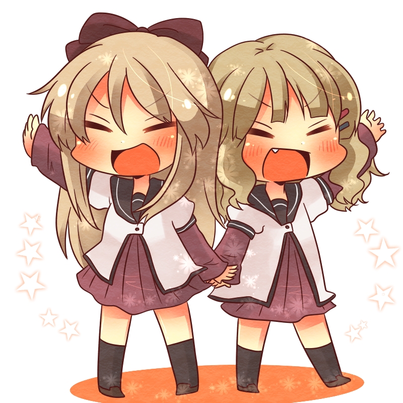 2girls, blonde_hair, closed_eyes, kizuchi_(oufupuu), layered_sleeves, long_sleeves, multiple_girls, oomuro_sakurako, school_uniform, serafuku, short_over_long_sleeves, short_sleeves, toshinou_kyouko, yuruyuri