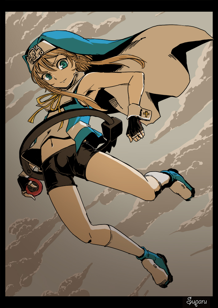 1boy, arc_system_works, artist_name, bad_id, bad_pixiv_id, bike_shorts, blonde_hair, blue_eyes