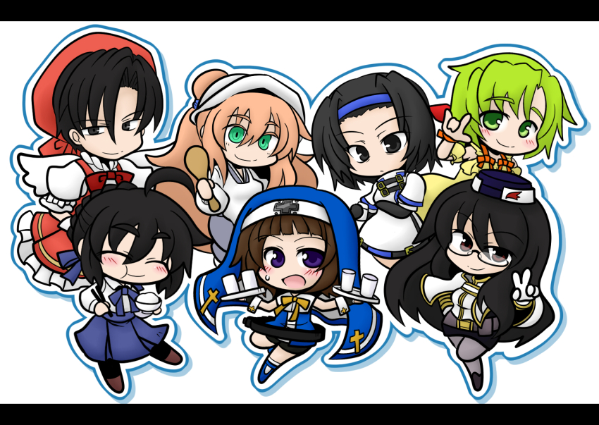 2boys, 5girls, :t, ^_^, ahoge, arc_system_works, artoria_pendragon_(fate), black_hair
