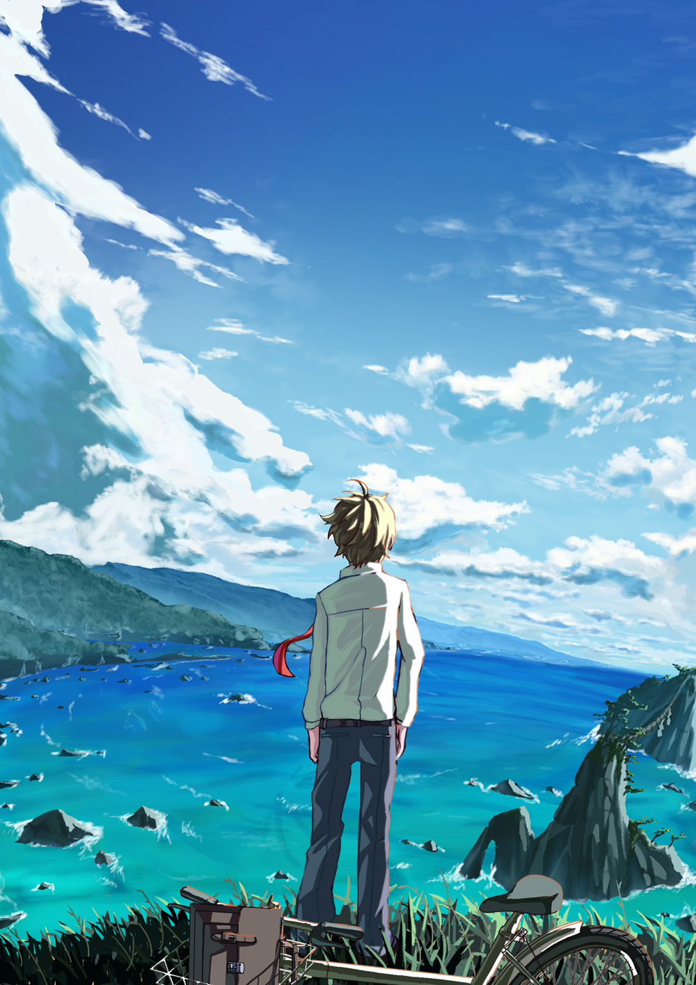 108tooya, 1boy, arms_at_sides, bag, basket, belt, bicycle, blonde_hair