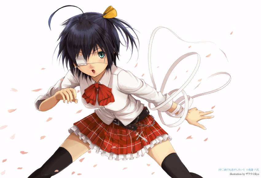 10s, 1girl, black_hair, black_thighhighs, chuunibyou_demo_koi_ga_shitai!, eyepatch, female_focus, green_eyes, plaid_clothes, plaid_skirt, school_uniform, short_hair, side_ponytail, skirt, sleeves_rolled_up, solo, takanashi_rikka, thighhighs, tim_l, zk0