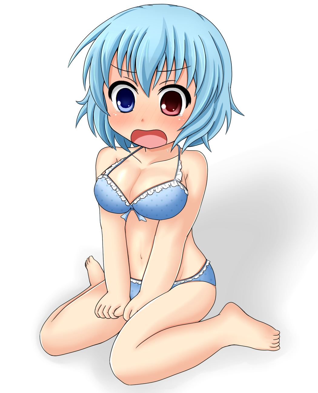 1girl, b.leaf, blue_eyes, blue_hair, blue_panties, blush, bra, breasts, cleavage, female_focus, frilled_bra, frills, heterochromia, highres, large_breasts, matching_hair/eyes, navel, open_mouth, panties, red_eyes, short_hair, sitting, solo, tatara_kogasa, tears, touhou, underwear, underwear_only, wariza