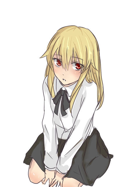 1girl, blonde_hair, blush, edge_(ens18), fate/protoreplica, fate/stay_night, fate/zero, fate_(series), gender_request, genderswap, gilgamesh_(fate), gilgamesh-ko, long_hair, red_eyes, school_uniform, seiza, sitting, skirt