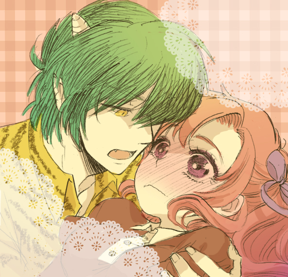1boy, 1girl, blush, couple, green_hair, pink_eyes, ran_(urusei_yatsura), rei_(urusei_yatsura)