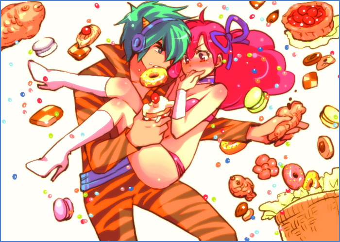 1boy, 1girl, animal_print, boots, cake, carrying, donut, food