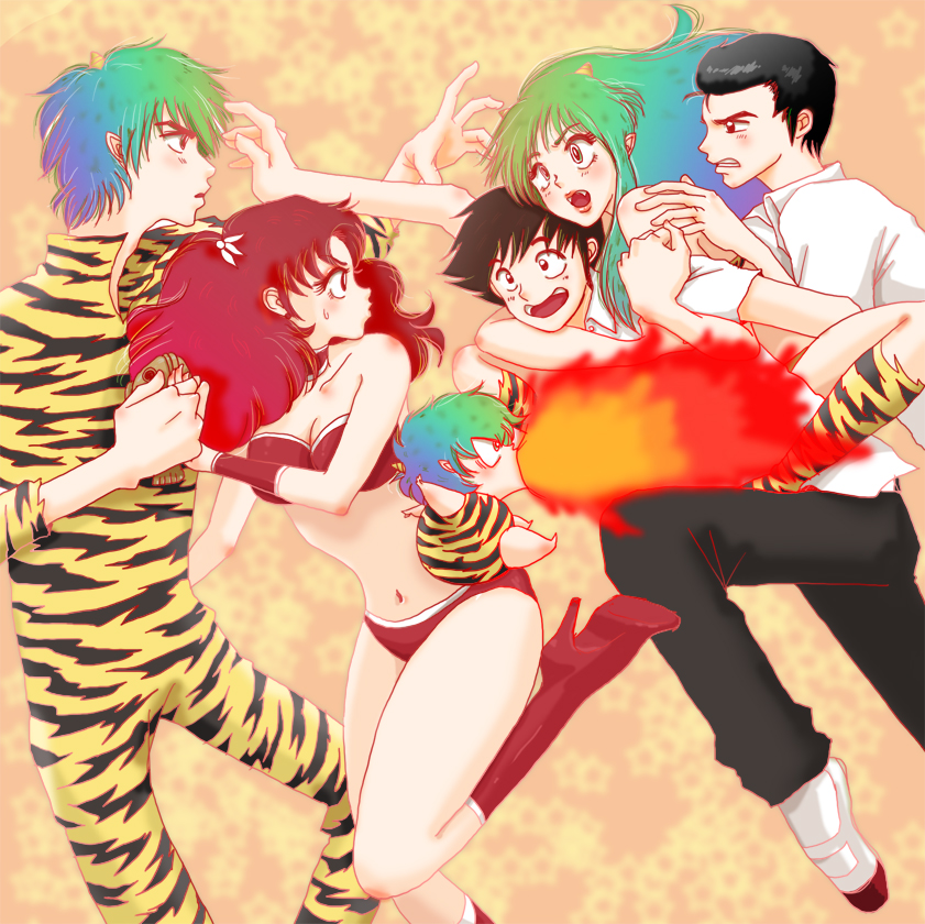 2girls, 4boys, animal_print, boots, breasts, cleavage, error-error, fire