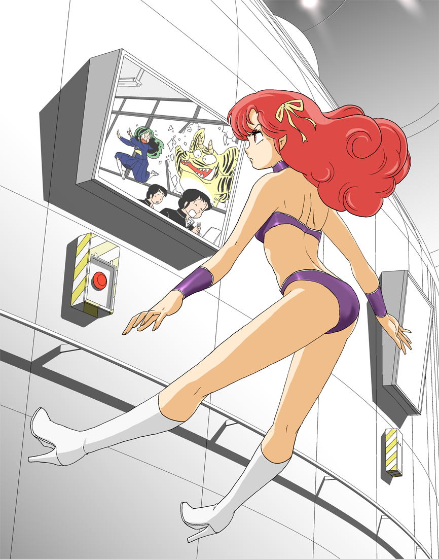 2girls, 3boys, bikini, boots, floating, high_heels, lum, monitor, moroboshi_ataru, multiple_boys, multiple_girls, pixiv_sample, pointy_ears, purple_bikini, ran_(urusei_yatsura), rei_(urusei_yatsura), ribbon, shoes, swimsuit, tagme, uesuto_(westriver), urusei_yatsura, window