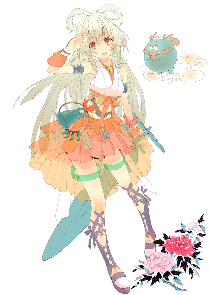 10s, 1girl, blonde_hair, creature, flower, japanese_clothes, kimono, kunitani_chitose