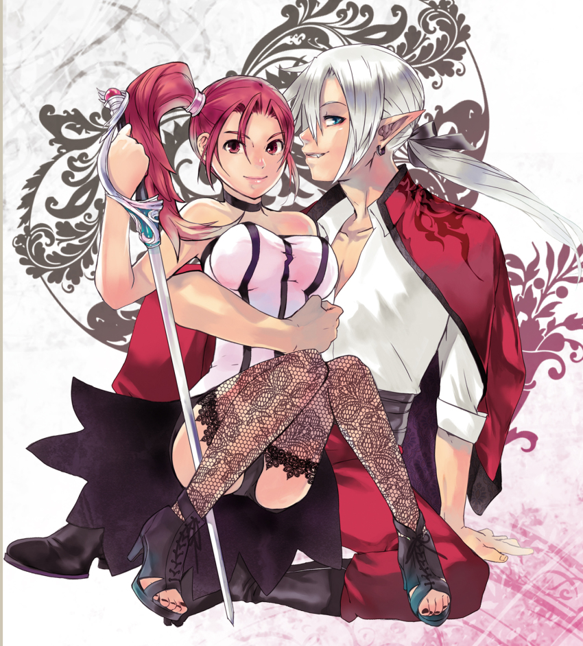 1boy, 1girl, alternate_hairstyle, angelo, bad_id, bad_pixiv_id, bare_shoulders, bishounen, blue_eyes, choker, coat, couple, dragon_quest, dragon_quest_viii, earrings, fang, fishnet_thighhighs, fishnets, full_body, grin, hetero, highres, jessica_albert, jewelry, kukuru_(dq8), long_hair, pointy_ears, rapier, red_eyes, red_hair, satounu, shoes, short_shorts, shorts, side_ponytail, sitting, smile, square_enix, sword, thighhighs, weapon, white_hair