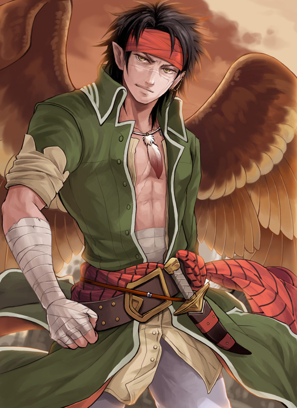 1boy, bandages, belt, bird, black_hair, brown_hair, dagger, fire_emblem, fire_emblem:_path_of_radiance, fire_emblem:_radiant_dawn, hachina, hawk, headband, jacket, knife, male_focus, nintendo, open_clothes, open_jacket, pointy_ears, scar, short_hair, smile, solo, tibarn_(fire_emblem), weapon, wings
