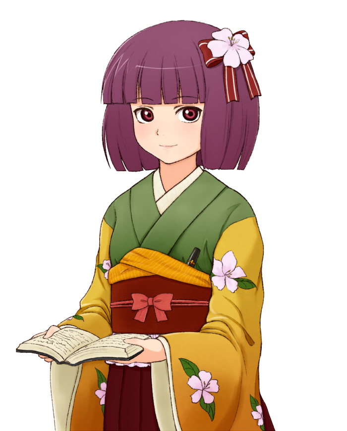1girl, bad_id, bad_pixiv_id, bob_cut, book, bow, female_focus, flower