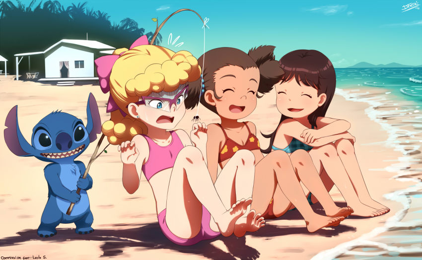 10s, 2012, 3girls, ^^^, ^_^, barefoot, beach, bikini, blonde_hair, blue_eyes, breasts, brown_hair, bug, child, closed_eyes, cloud, dark_skin, disney, earrings, feet, flat_chest, floral_print, glasses, green_bikini, hair_ribbon, highres, house, idfer, jewelry, lilo_&amp;_stitch, long_hair, monster, mountain, multiple_girls, open_mouth, outdoors, piko_(stitch!), pink_bikini, print_bikini, red_bikini, ribbon, sae_(stitch!), scared, shadow, short_hair, side_ponytail, sitting, sky, small_breasts, smile, soles, spider, stitch!, stitch_(lilo_&amp;_stitch), surprised, sweatdrop, swimsuit, teeth, toes, tree, yuna_(stitch!)