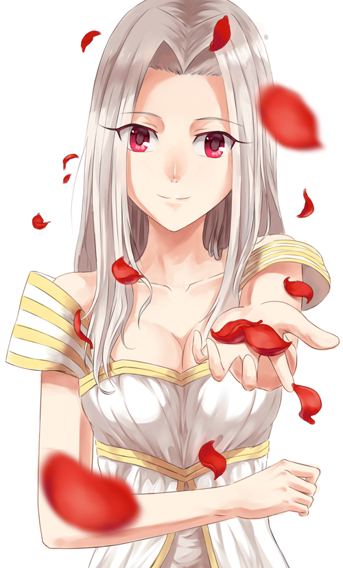 1girl, dress, fate/zero, fate_(series), female_focus, irisviel_von_einzbern, irisviel_von_einzbern_(angel's_song), long_hair, outstretched_hand, petals, red_eyes, solo, tristana-shen, white_hair