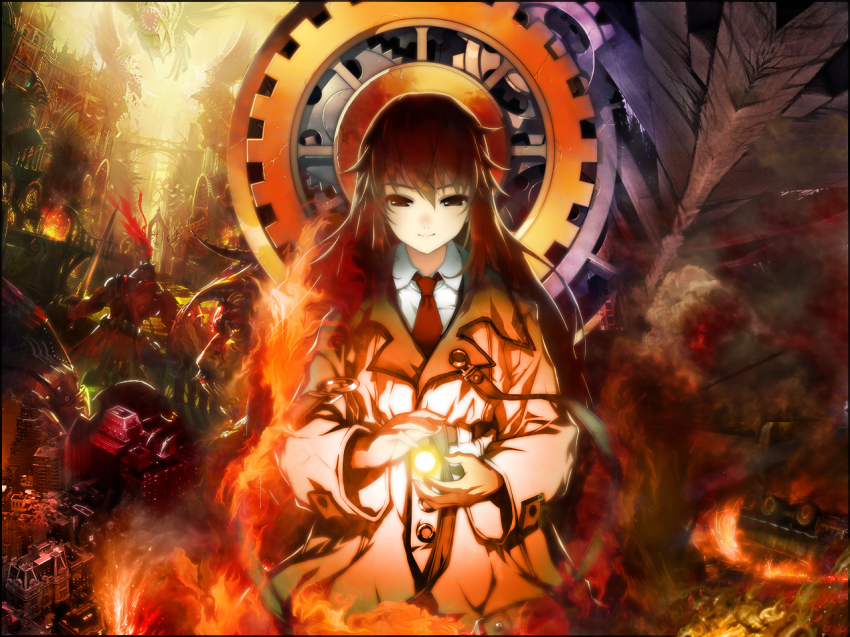 1girl, armor, artist_name, brown_eyes, brown_hair, building, burning, burning_building