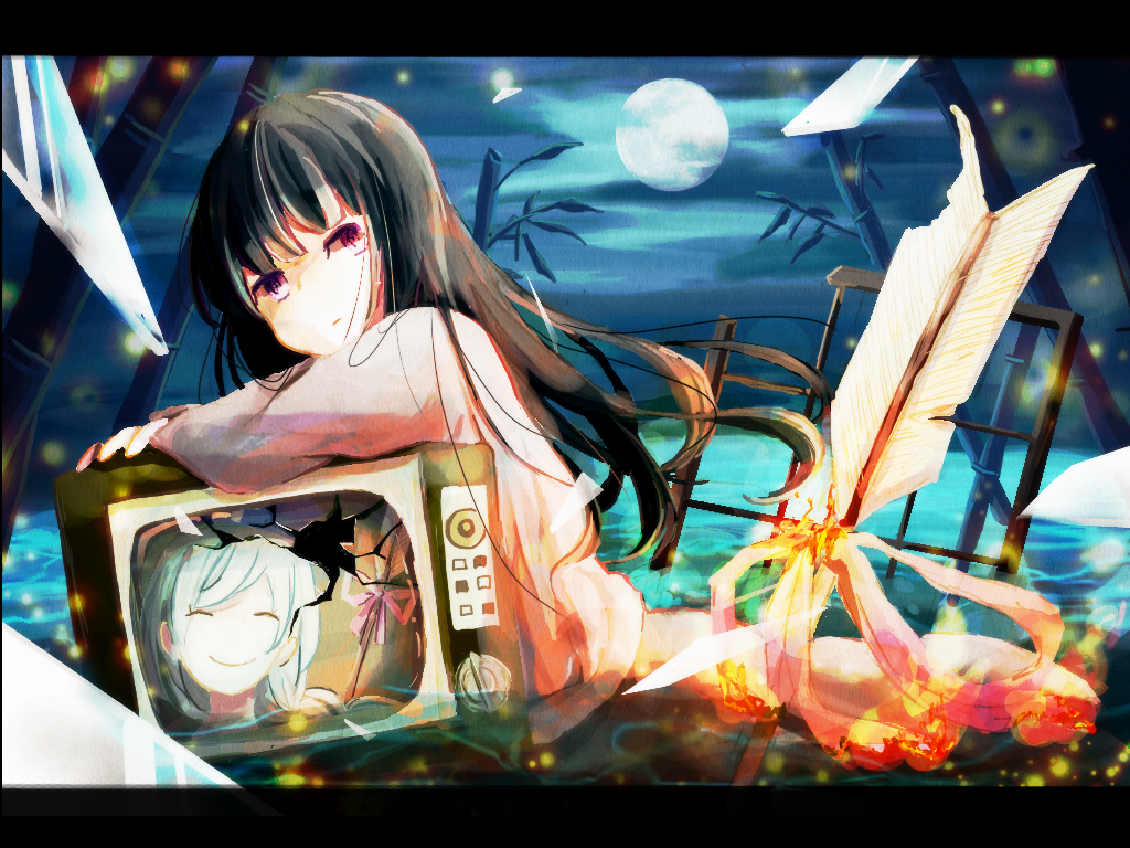 2girls, arrow_(projectile), bamboo, black_hair, closed_eyes, cloud, daidai_(nana1234567), full_moon
