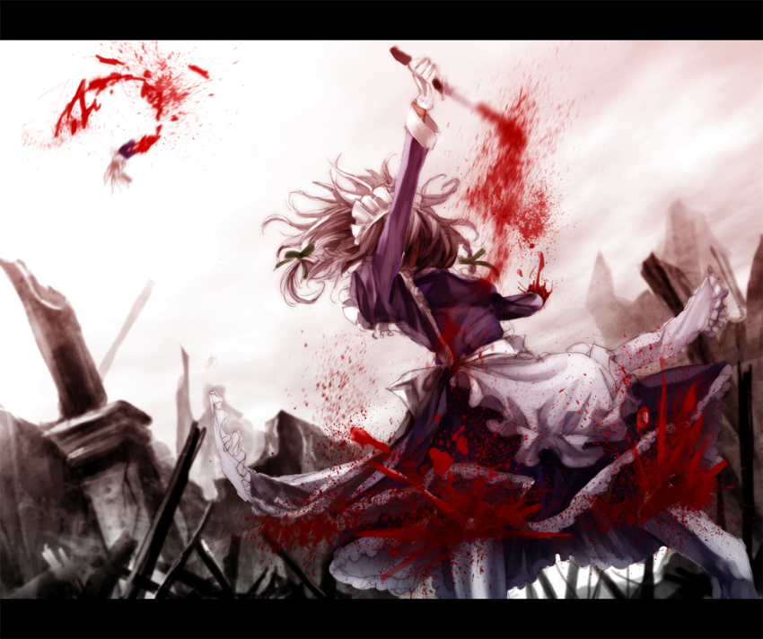 1girl, apron, bad_id, bad_pixiv_id, blood, braid, dismemberment, dress