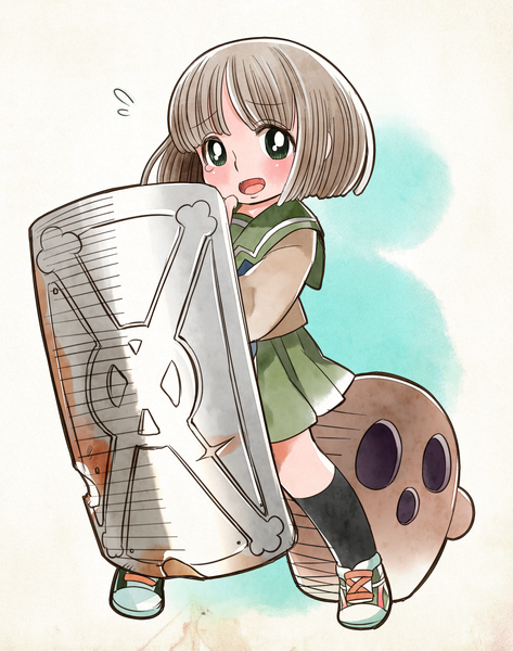 1girl, alice_soft, ascot, black_legwear, brown_hair, chibi, female_focus, green_eyes