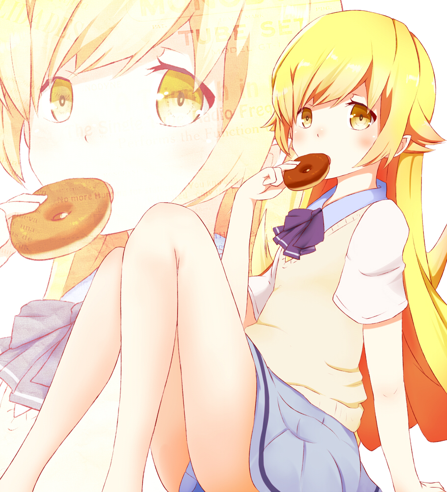 10s, 1girl, bakemonogatari, blonde_hair, blush, donut, female_focus, food