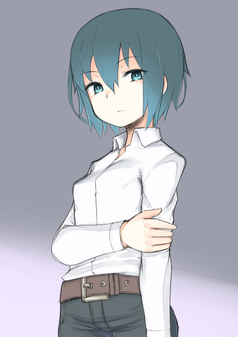 00s, aqua_eyes, aqua_hair, belt, collared_shirt, cowboy_shot, dress_shirt, expressionless