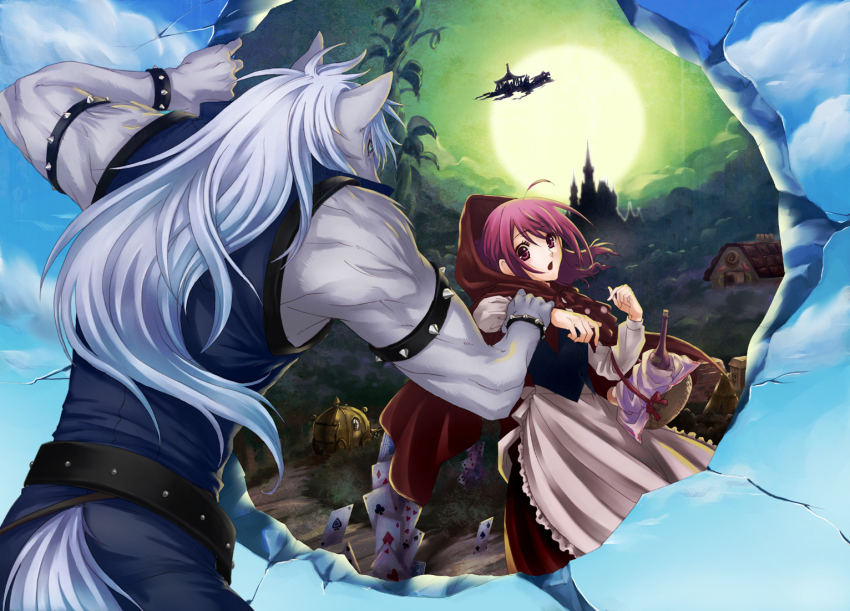 10s, 1boy, 1girl, ace_(playing_card), ace_of_clubs, ace_of_diamonds, ace_of_hearts, ace_of_spades, alcohol, apron, basket, canal001, card, castle, club_(shape), diamond_(shape), dress, furry, furry_male, heart, holding_another's_wrist, hood, hoshizora_miyuki, little_red_riding_hood_(fairy_tale), long_hair, muscular, pink_eyes, pink_hair, playing_card, precure, short_hair, smile_precure!, spade_(shape), surprised, werewolf, white_hair, wine, wolfrun