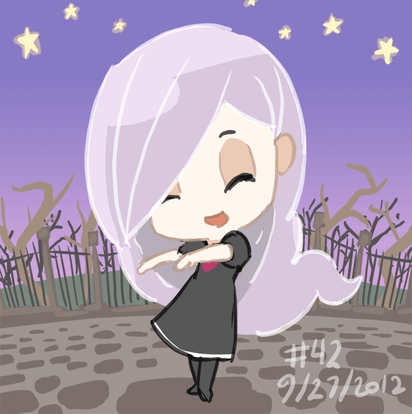 1girl, animated, animated_gif, black_dress, black_pantyhose, chibi, closed_eyes, dancing, dated, dress, fence, graveyard, junkpuyo, linze, long_hair, moon, night, open_mouth, pantyhose, purple_hair, sitting, sky, star_(sky), star_(symbol), thighhighs, ushimitsu_monstruo