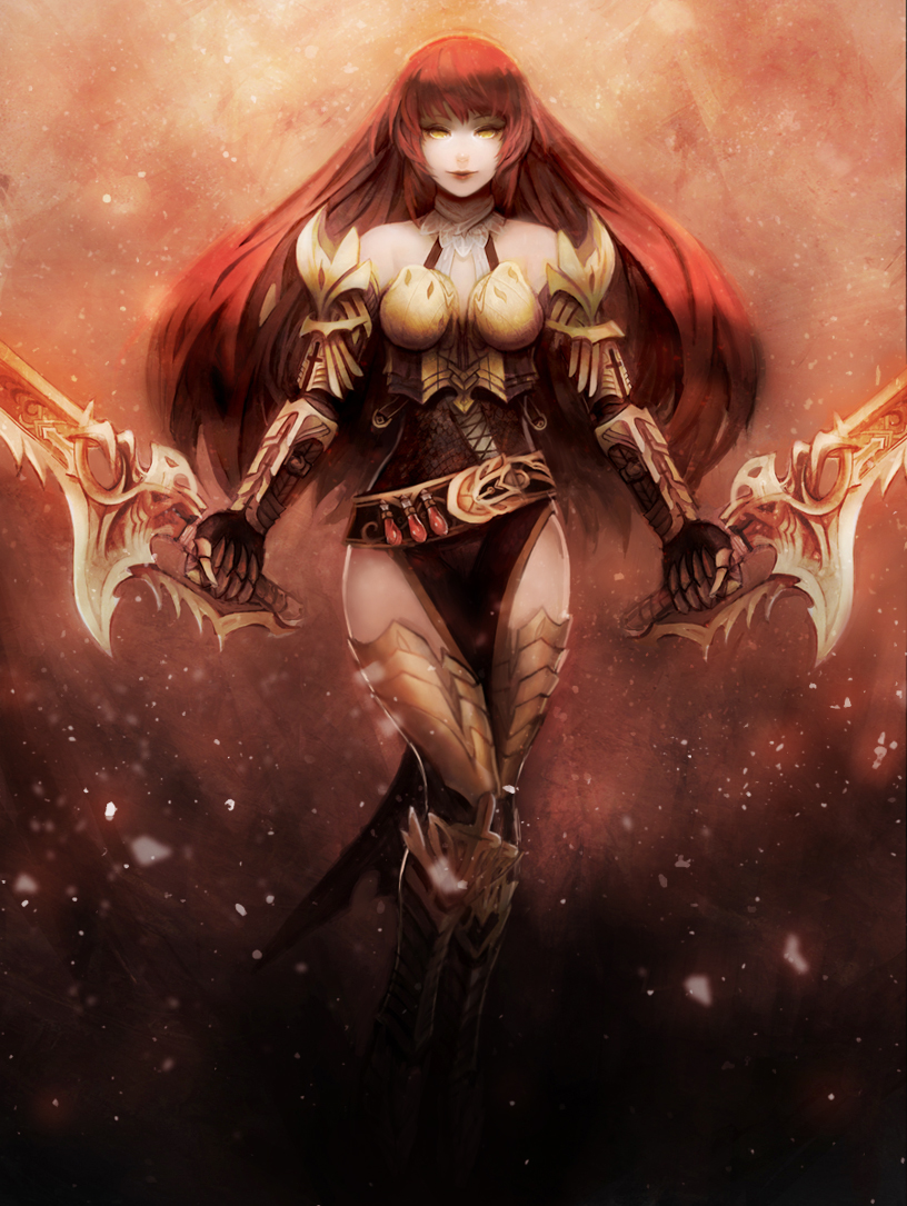 1girl, armor, bad_deviantart_id, bad_id, bare_shoulders, dual_wielding, female_focus, holding