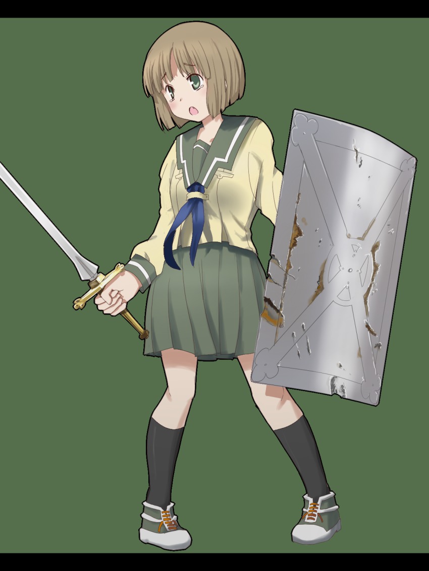 1girl, alice_soft, ascot, black_legwear, brown_hair, chibi, female_focus, green_eyes