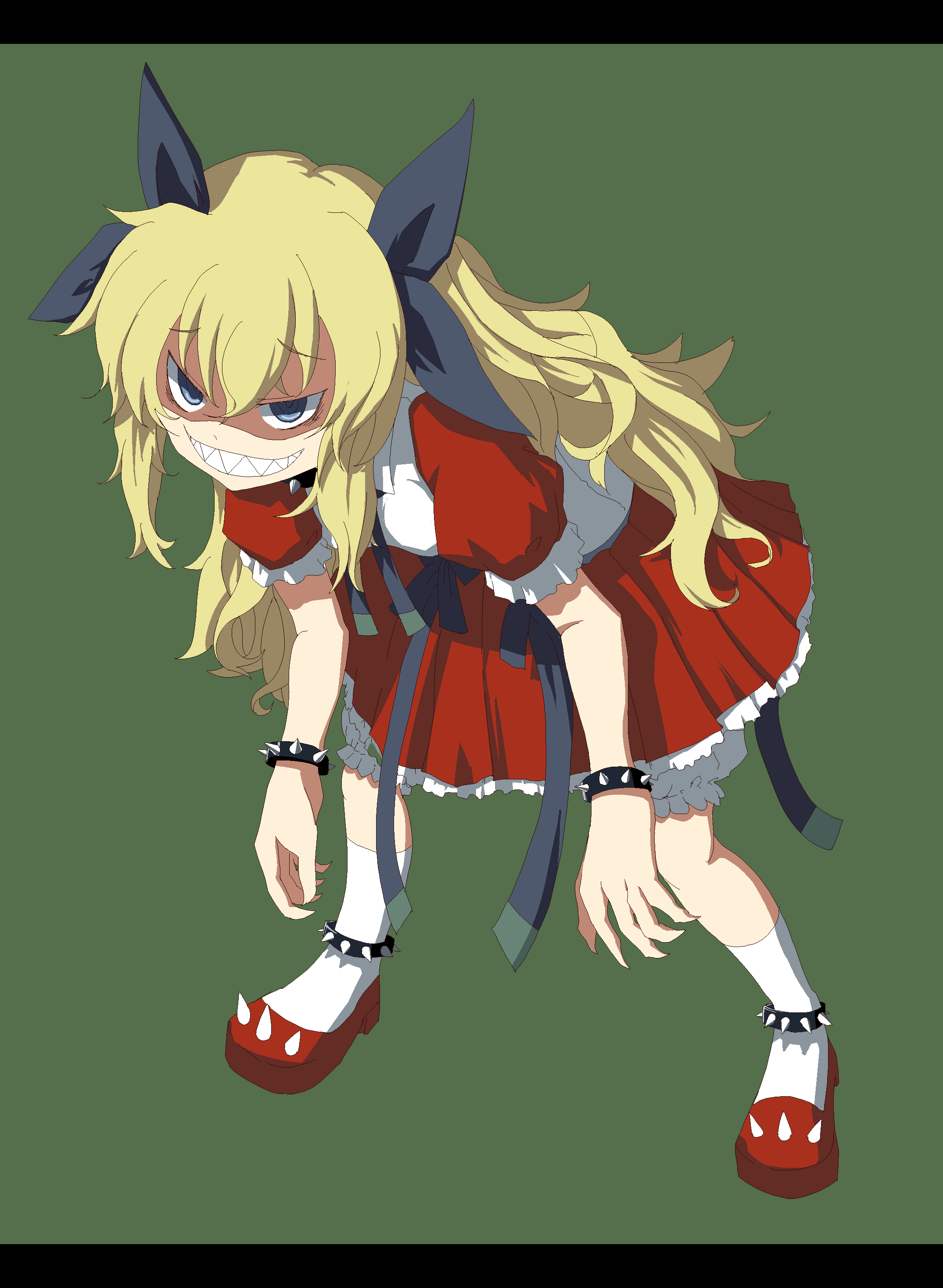 1girl, absurdres, alice_soft, blonde_hair, bracelet, dress, evil_grin, evil_smile, grin, hair_ornament, highres, jewelry, kibako, kotonohanoko, kotonoko, rance_(series), rance_quest, red_dress, sharp_teeth, smile, spiked_bracelet, spikes, tagme, teeth