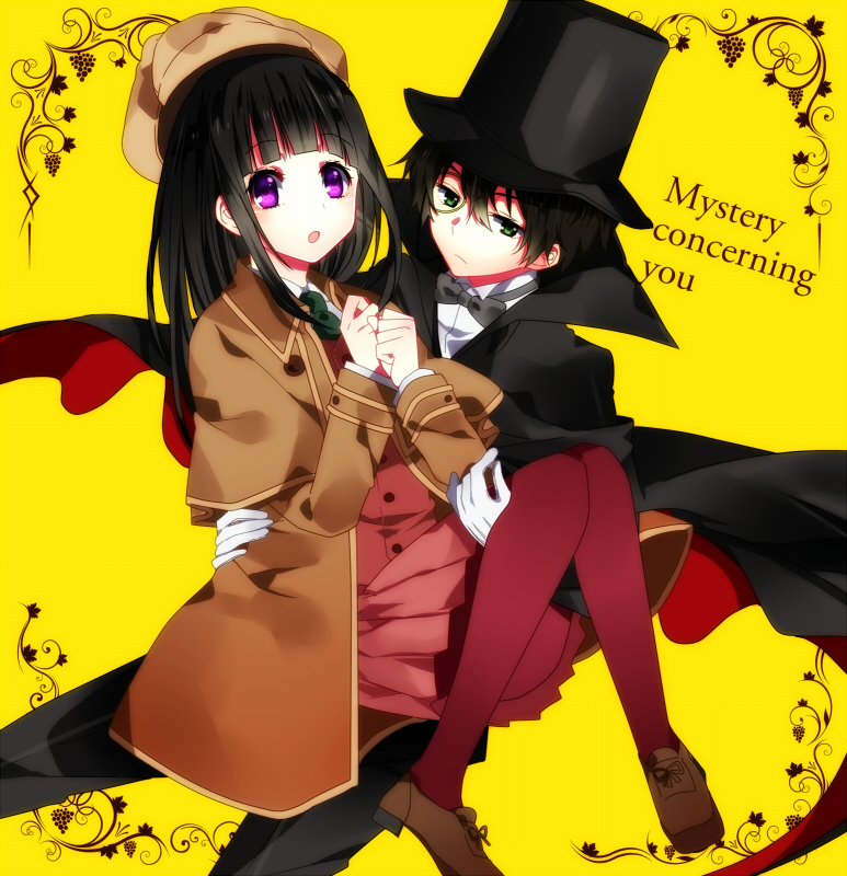 1boy, 1girl, black_hair, brown_hair, cane, chitanda_eru, cosplay, detective