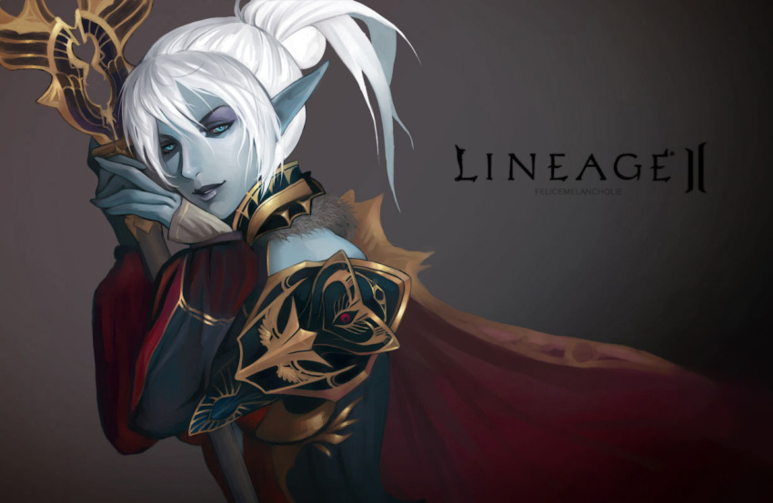 1girl, bad_id, bad_pixiv_id, blue_eyes, blue_skin, cape, colored_skin, dark_elf