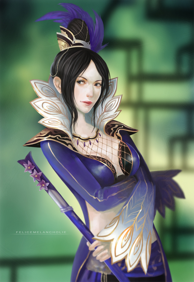 1girl, bad_id, bad_pixiv_id, black_eyes, black_hair, breasts, cleavage, felice