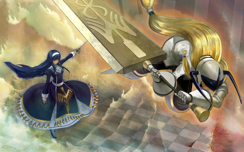 1girl, armor, armored_dress, blonde_hair, blue_eyes, blue_hair, dress, familiar