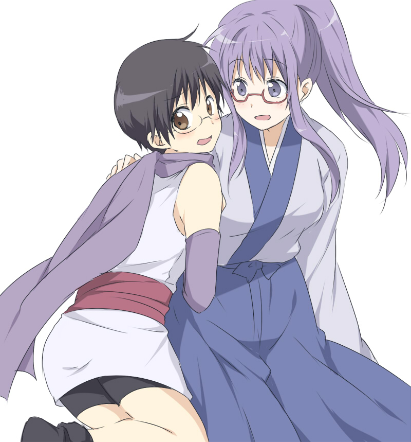 1boy, 1girl, arm_warmers, black_hair, brown_eyes, cosplay, costume_switch, crossdressing, gintama, glasses, japanese_clothes, kimono, long_hair, maruki_(punchiki), ninja, ponytail, purple_arm_warmers, purple_eyes, purple_hair, purple_scarf, sarutobi_ayame, sarutobi_ayame_(cosplay), scarf, shimura_shinpachi, shimura_shinpachi_(cosplay), trap